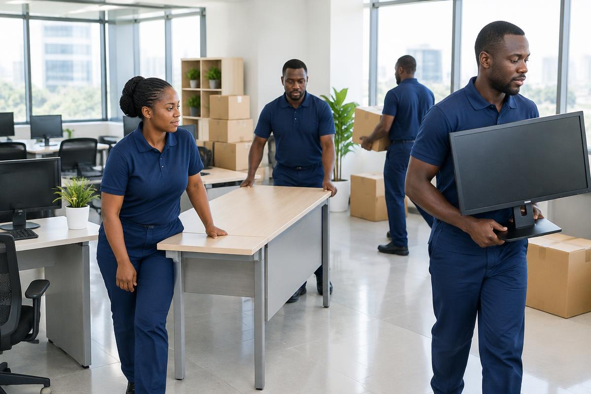 Movers relocating office desks and computers